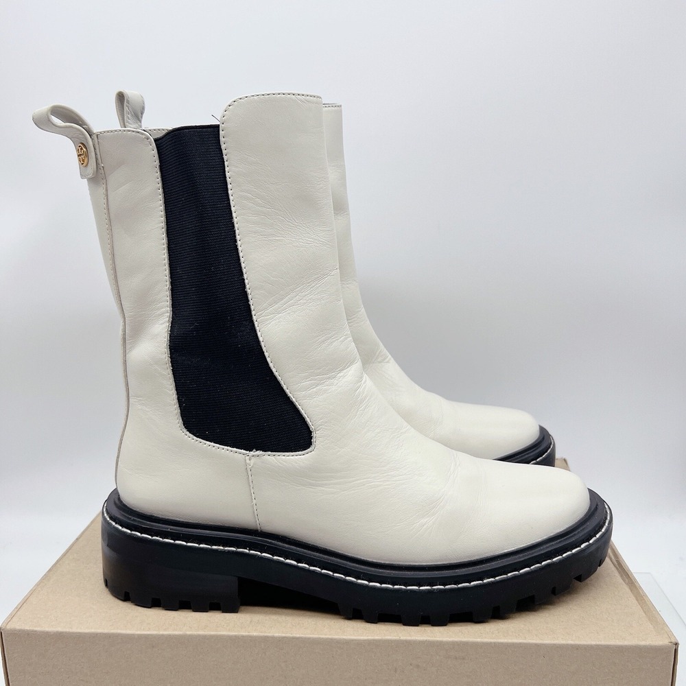 Tory Burch Benton Chelsea Ankle Boots Platform Vachetta Calf Ivory/ Black US 10